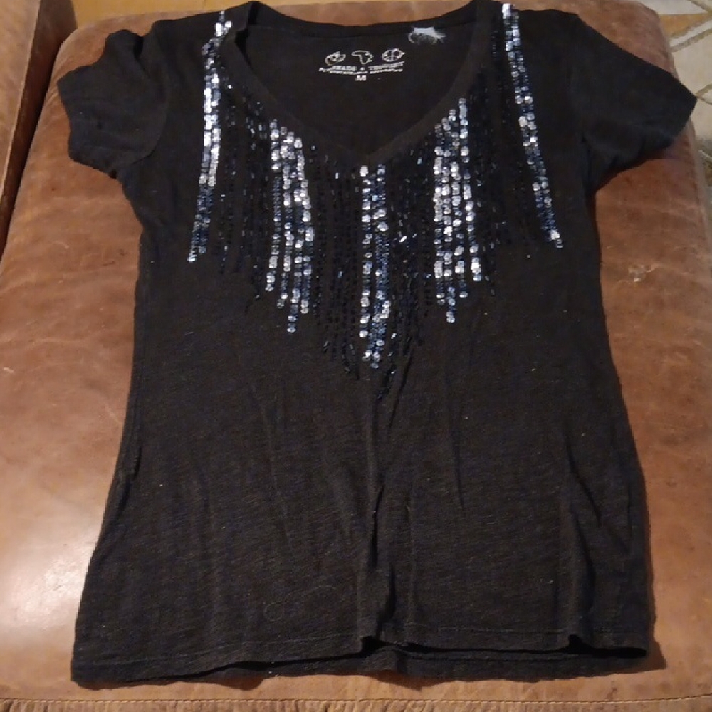 Black V-Neck T-Shirt with Silver Sequin Detail M